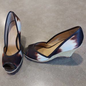 EXPRESSION Textile Peep Toe Jute Wedge Heels - Ivory Brown Graphic Print - Sze 7